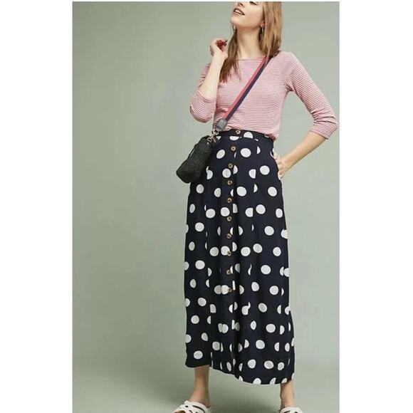 Anthro Maeve Claudette Maxi Skirt Dark Blue w/ Polka Dot Button Front Size: 00 - Picture 1 of 8